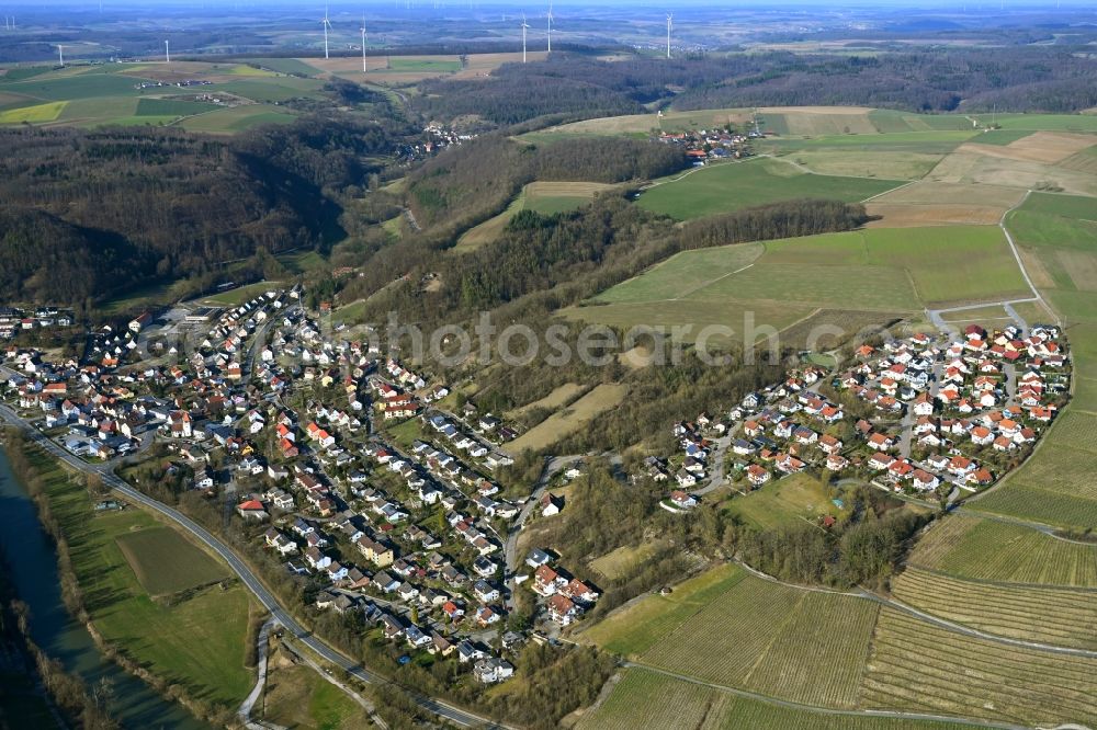 Weißbach from the bird's eye view: Agricultural land and field boundaries surround the settlement area of the village in Weißbach in the state Baden-Wuerttemberg, Germany