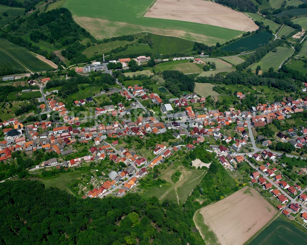 Weißenborn-Lüderode from above - Agricultural land and field boundaries surround the settlement area of the village in Weißenborn-Lüderode in the state Thuringia, Germany