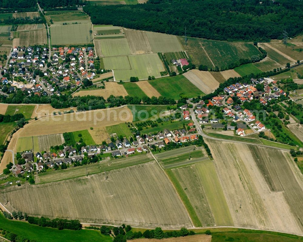 Aerial image Weitenung - Agricultural land and field boundaries surround the settlement area of the village in Weitenung in the state Baden-Wuerttemberg, Germany