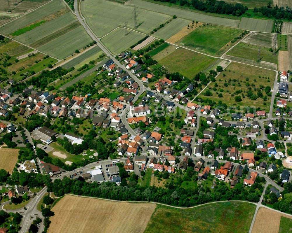 Aerial image Weitenung - Agricultural land and field boundaries surround the settlement area of the village in Weitenung in the state Baden-Wuerttemberg, Germany