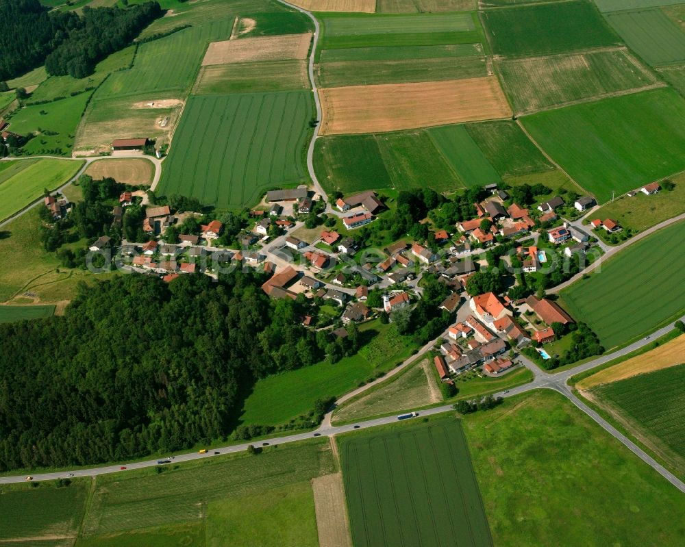 Welchenberg from above - Agricultural land and field boundaries surround the settlement area of the village in Welchenberg in the state Bavaria, Germany