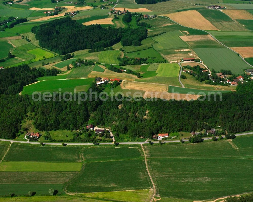 Welchenberg from the bird's eye view: Agricultural land and field boundaries surround the settlement area of the village in Welchenberg in the state Bavaria, Germany