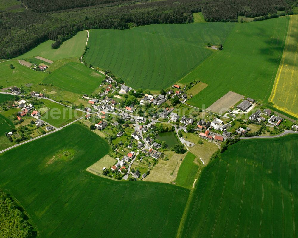 Aerial photograph Wellsdorf - Agricultural land and field boundaries surround the settlement area of the village in Wellsdorf in the state Thuringia, Germany