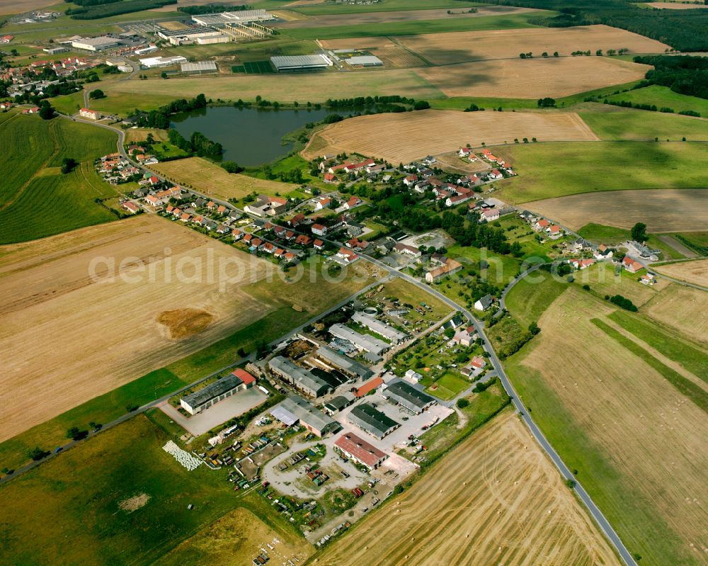 Welxande from above - Agricultural land and field boundaries surround the settlement area of the village in Welxande in the state Saxony, Germany