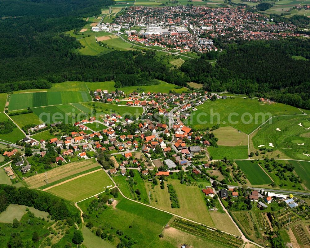 Welzheim from the bird's eye view: Agricultural land and field boundaries surround the settlement area of the village in Welzheim in the state Baden-Wuerttemberg, Germany