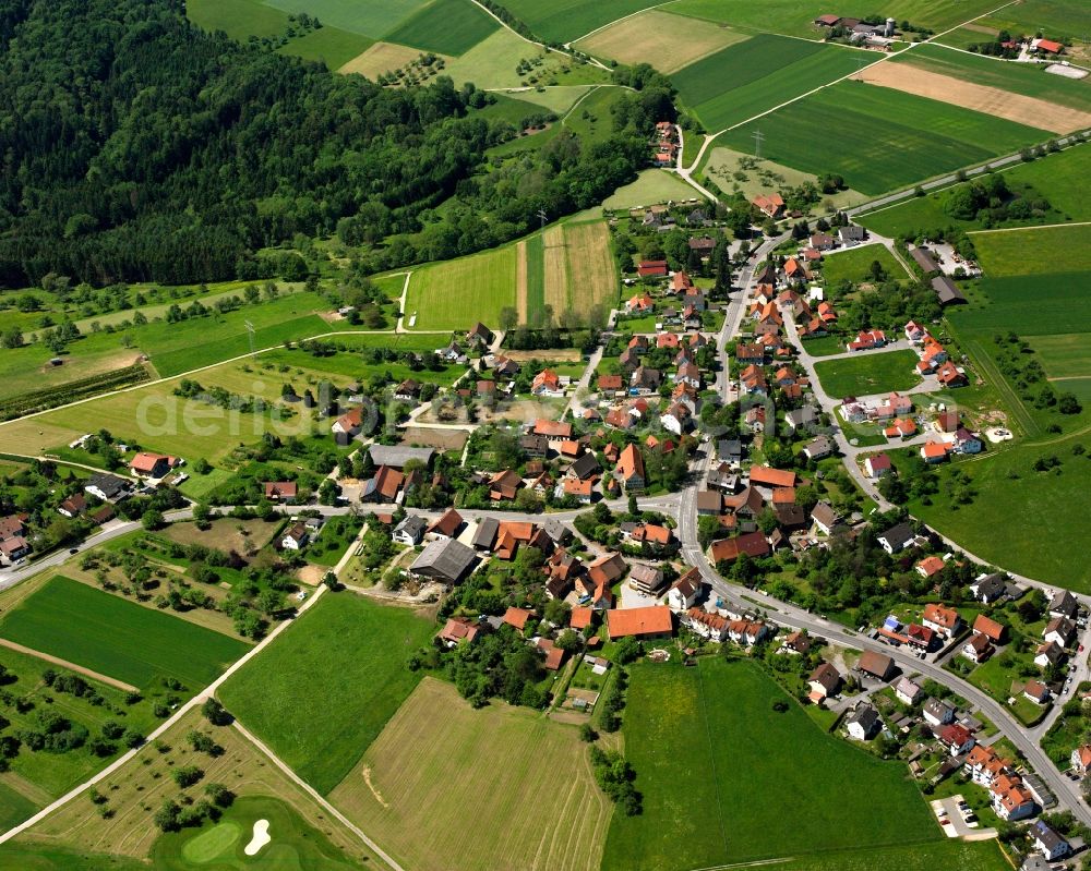 Aerial image Welzheim - Agricultural land and field boundaries surround the settlement area of the village in Welzheim in the state Baden-Wuerttemberg, Germany