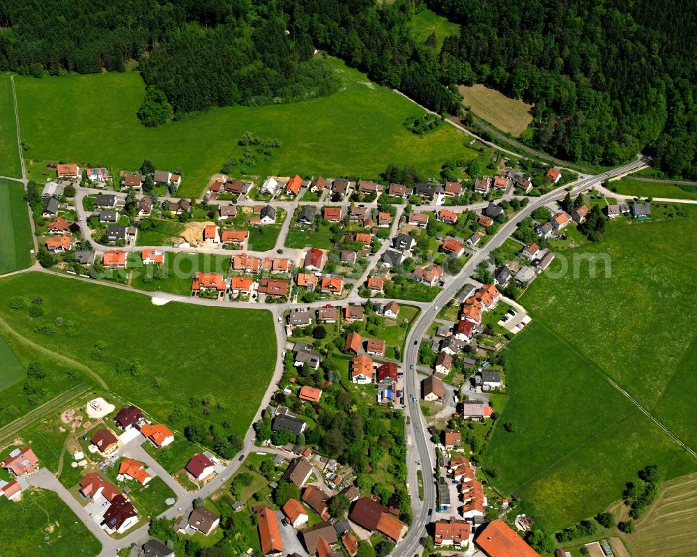 Aerial image Welzheim - Agricultural land and field boundaries surround the settlement area of the village in Welzheim in the state Baden-Wuerttemberg, Germany