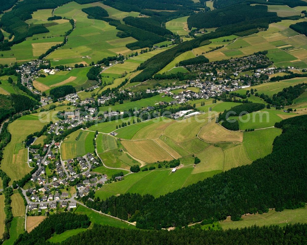 Wemlighausen from the bird's eye view: Agricultural land and field boundaries surround the settlement area of the village in Wemlighausen in the state North Rhine-Westphalia, Germany