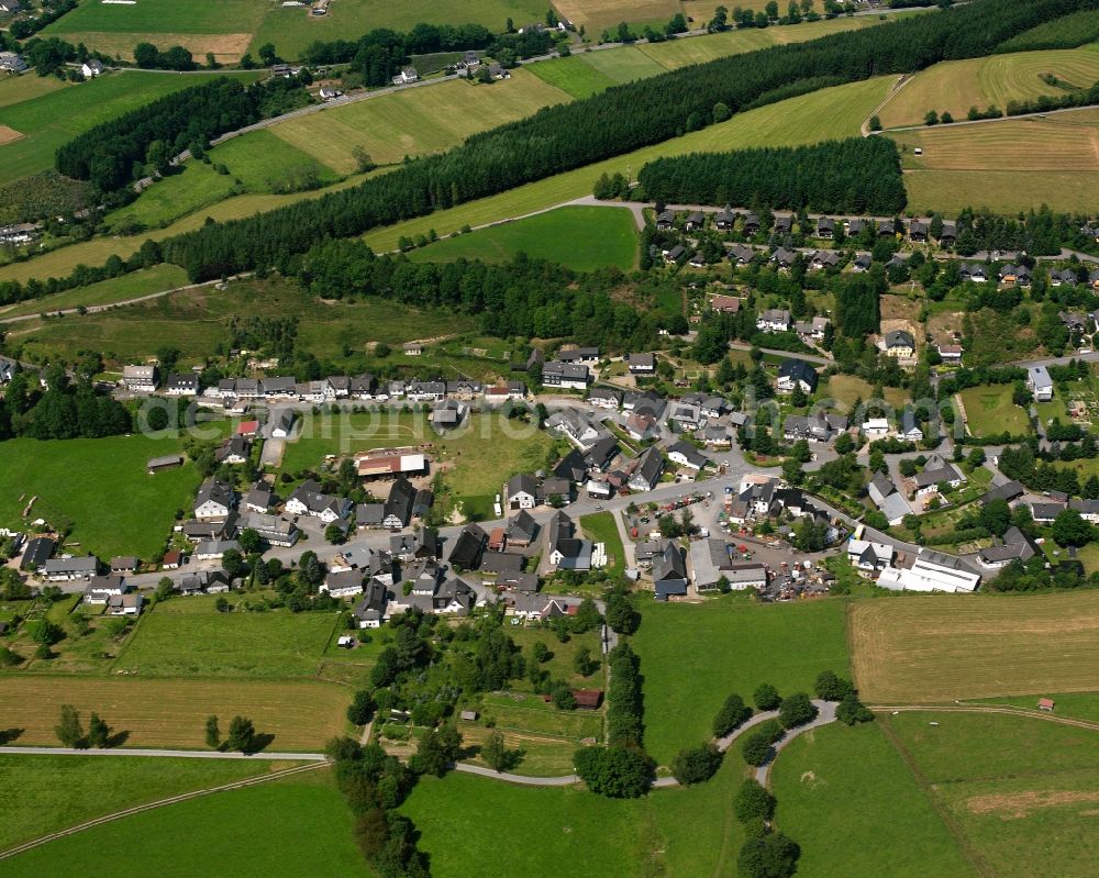 Wemlighausen from the bird's eye view: Agricultural land and field boundaries surround the settlement area of the village in Wemlighausen in the state North Rhine-Westphalia, Germany