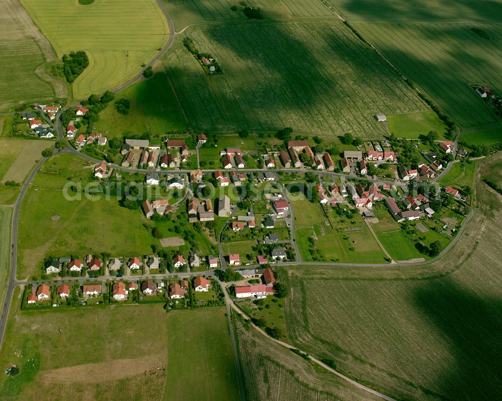 Aerial image Weßnitz - Agricultural land and field boundaries surround the settlement area of the village in Weßnitz in the state Saxony, Germany