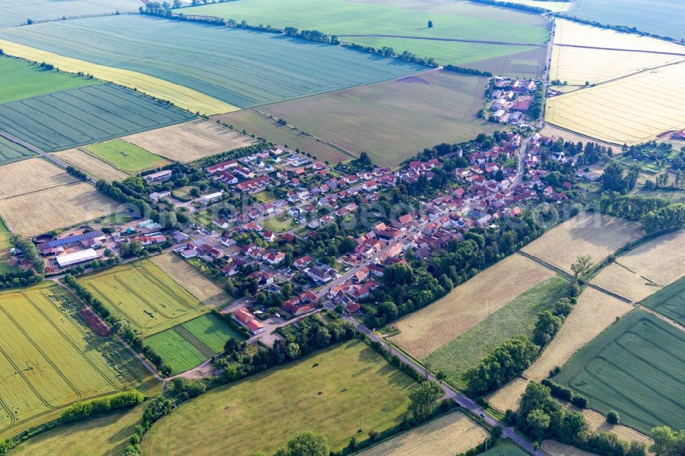 Westhausen from the bird's eye view: Agricultural land and field boundaries surround the settlement area of the village in Westhausen in the state Thuringia, Germany