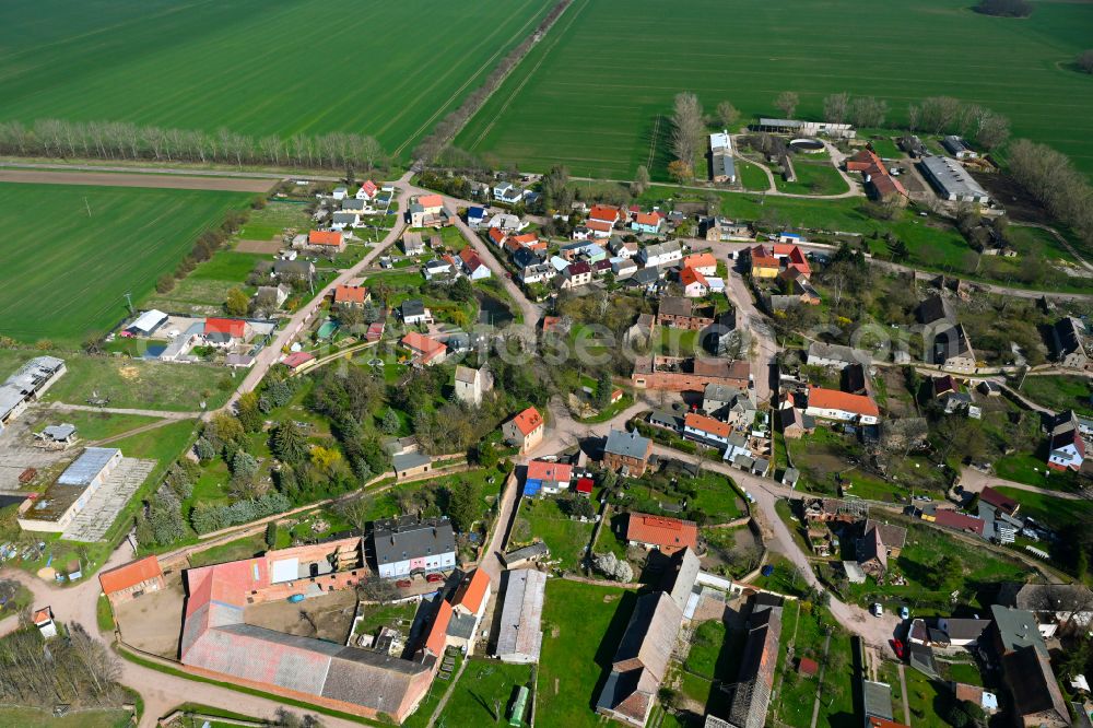 Aerial image Wettin - Agricultural land and field boundaries surround the settlement area of the village in Wettin in the state Saxony-Anhalt, Germany