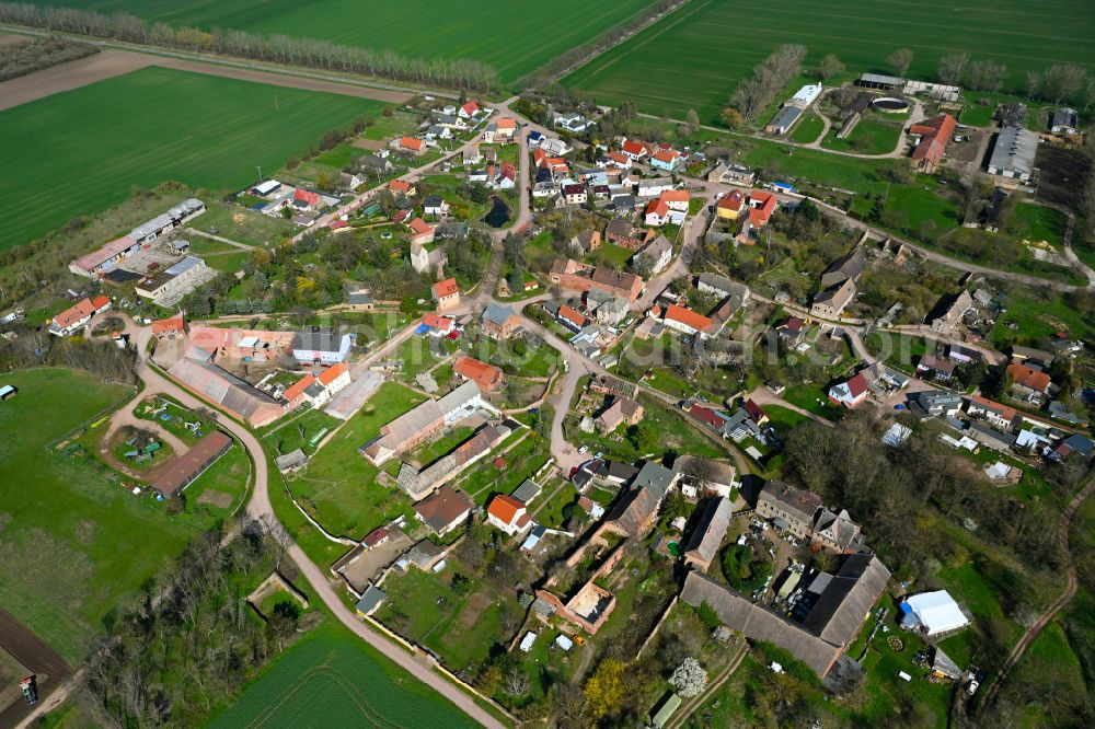 Aerial photograph Wettin - Agricultural land and field boundaries surround the settlement area of the village in Wettin in the state Saxony-Anhalt, Germany