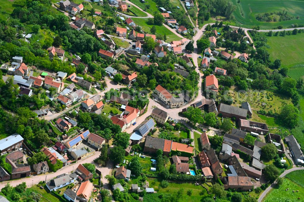 Wettin from the bird's eye view: Agricultural land and field boundaries surround the settlement area of the village in Wettin in the state Saxony-Anhalt, Germany