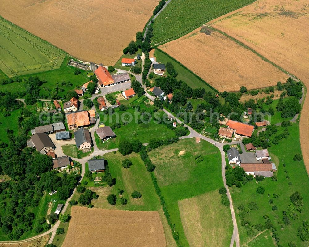 Aerial image Widdern - Agricultural land and field boundaries surround the settlement area of the village in Widdern in the state Baden-Wuerttemberg, Germany