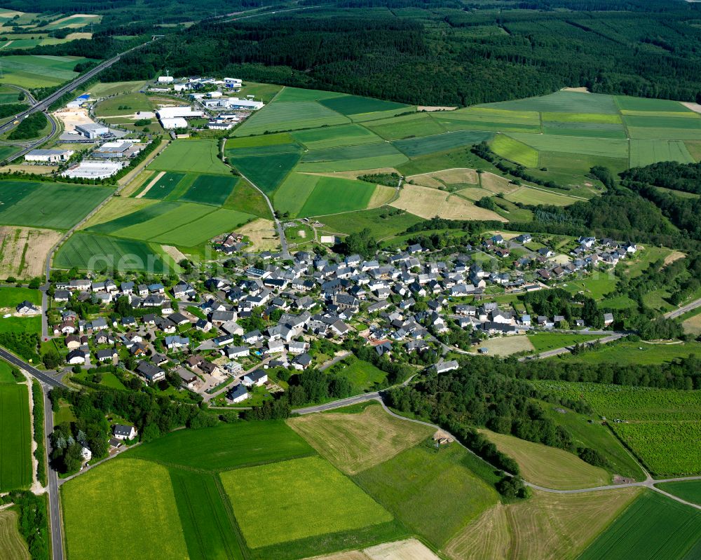 Wiebelsheim from the bird's eye view: Agricultural land and field boundaries surround the settlement area of the village in Wiebelsheim in the state Rhineland-Palatinate, Germany