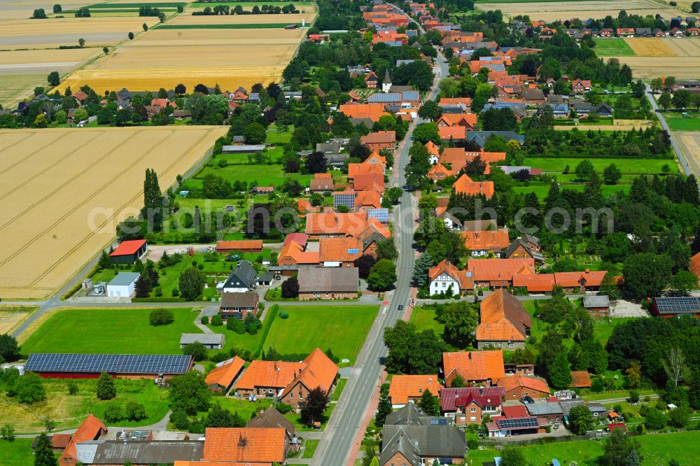 Wiedensahl Flecken from above - Agricultural land and field boundaries surround the settlement area of the village in Wiedensahl Flecken in the state Lower Saxony, Germany