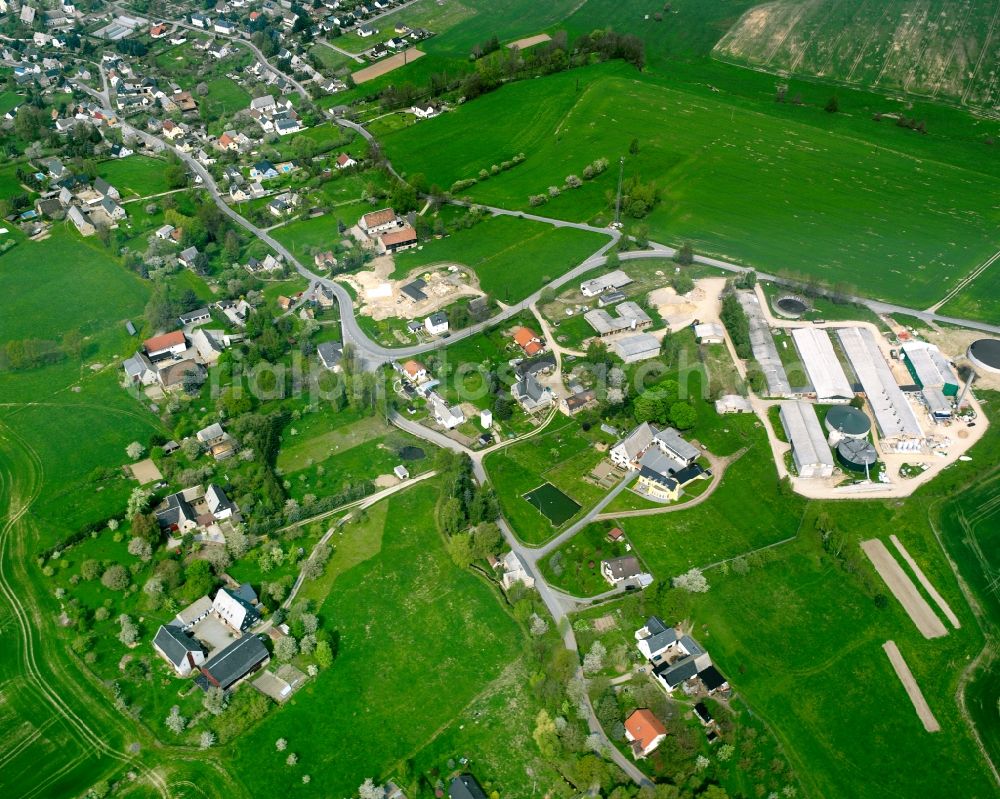 Wiederau from above - Agricultural land and field boundaries surround the settlement area of the village in Wiederau in the state Saxony, Germany