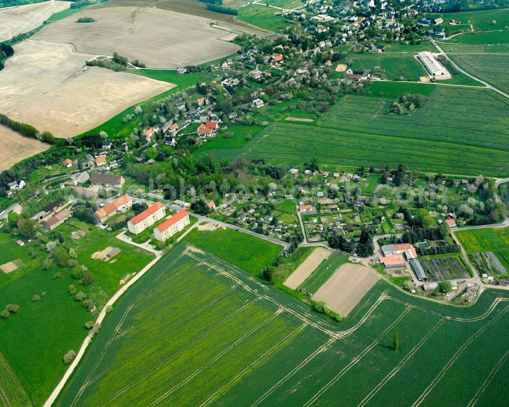 Wiederau from the bird's eye view: Agricultural land and field boundaries surround the settlement area of the village in Wiederau in the state Saxony, Germany