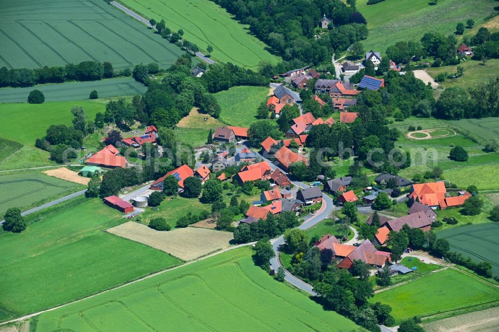 Wiersen from above - Agricultural land and field boundaries surround the settlement area of the village in Wiersen in the state Lower Saxony, Germany