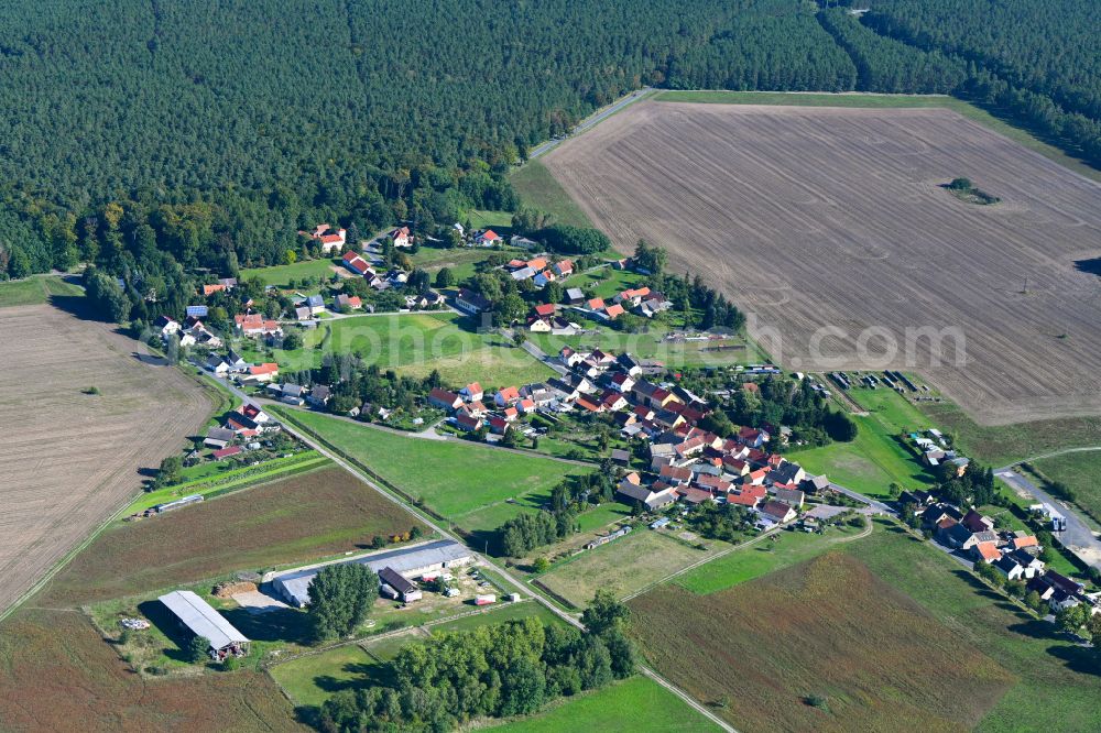 Aerial image Wiesenburg/Mark - Agricultural land and field boundaries surround the settlement area of the village in Wiesenburg/Mark in the state Brandenburg, Germany