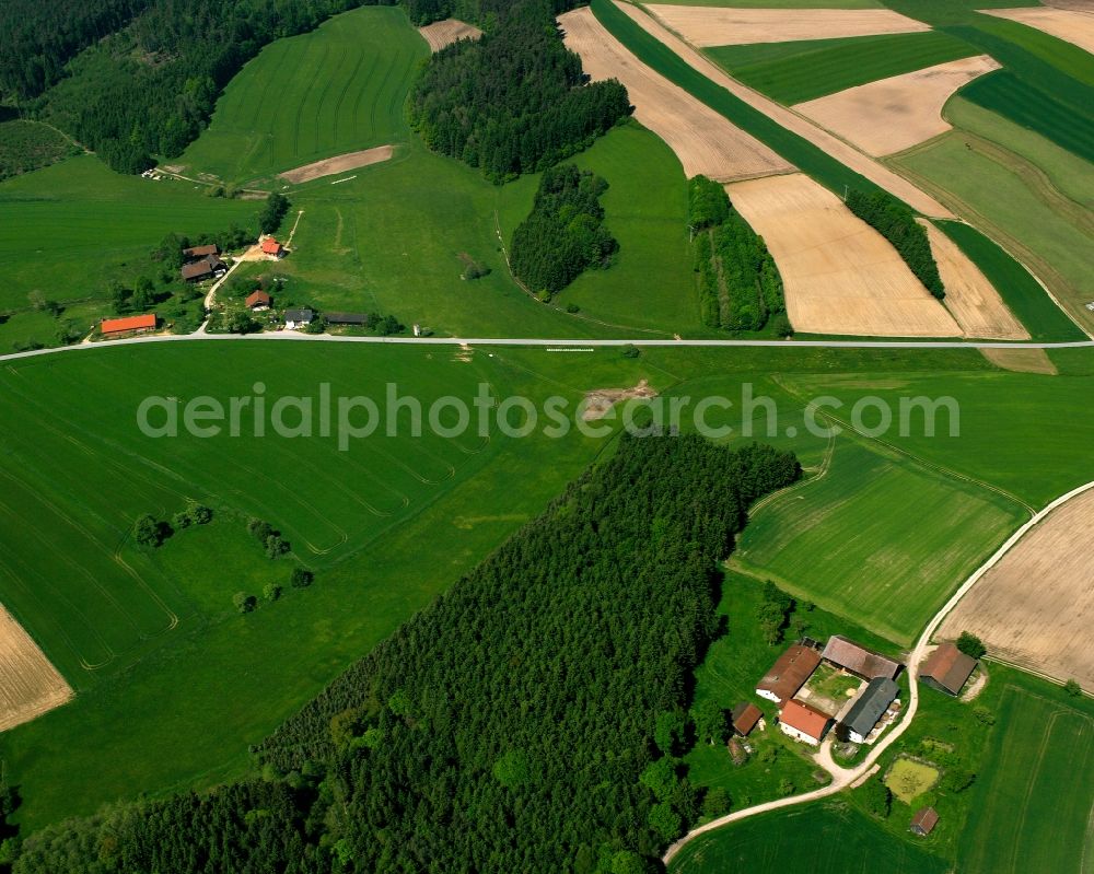 Willeithen from above - Agricultural land and field boundaries surround the settlement area of the village in Willeithen in the state Bavaria, Germany