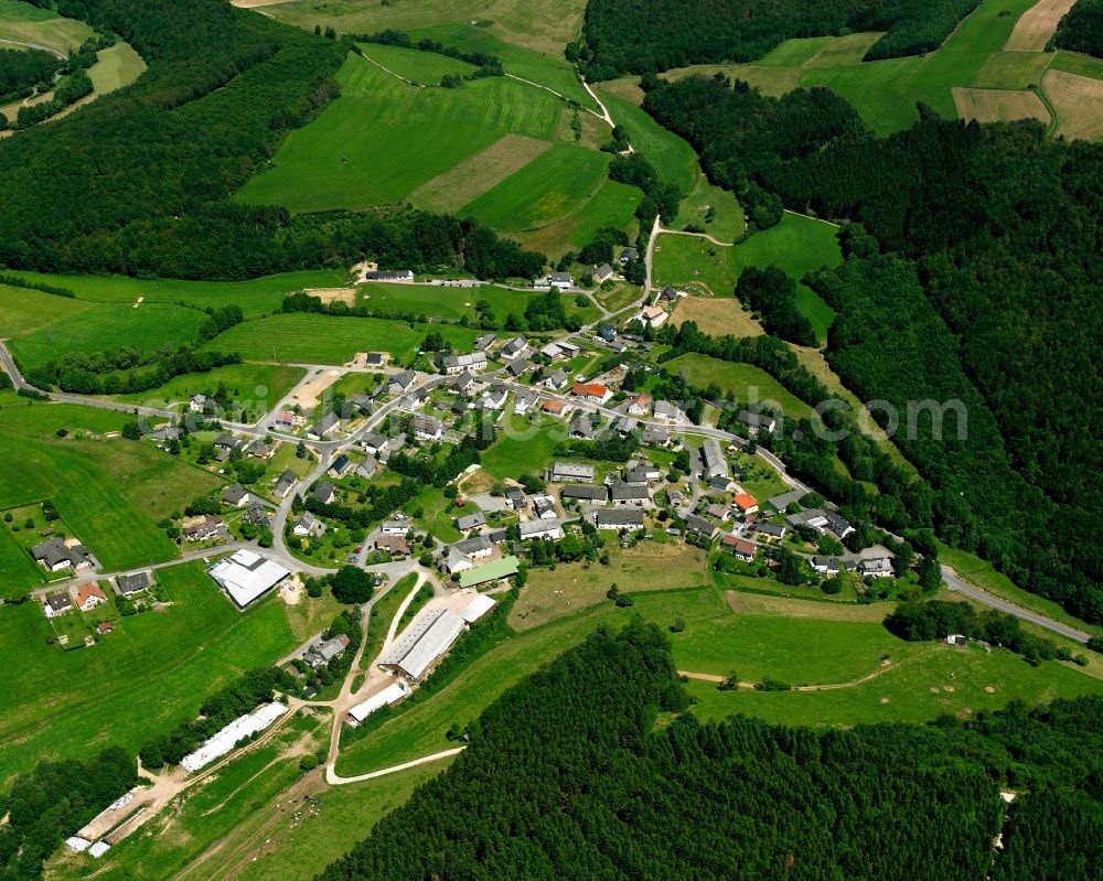 Wilzenberg-Hußweiler from the bird's eye view: Agricultural land and field boundaries surround the settlement area of the village in Wilzenberg-Hußweiler in the state Rhineland-Palatinate, Germany