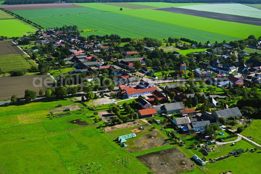 Aerial image Winterfeld - Agricultural land and field boundaries surround the settlement area of the village in Winterfeld in the state Saxony-Anhalt, Germany