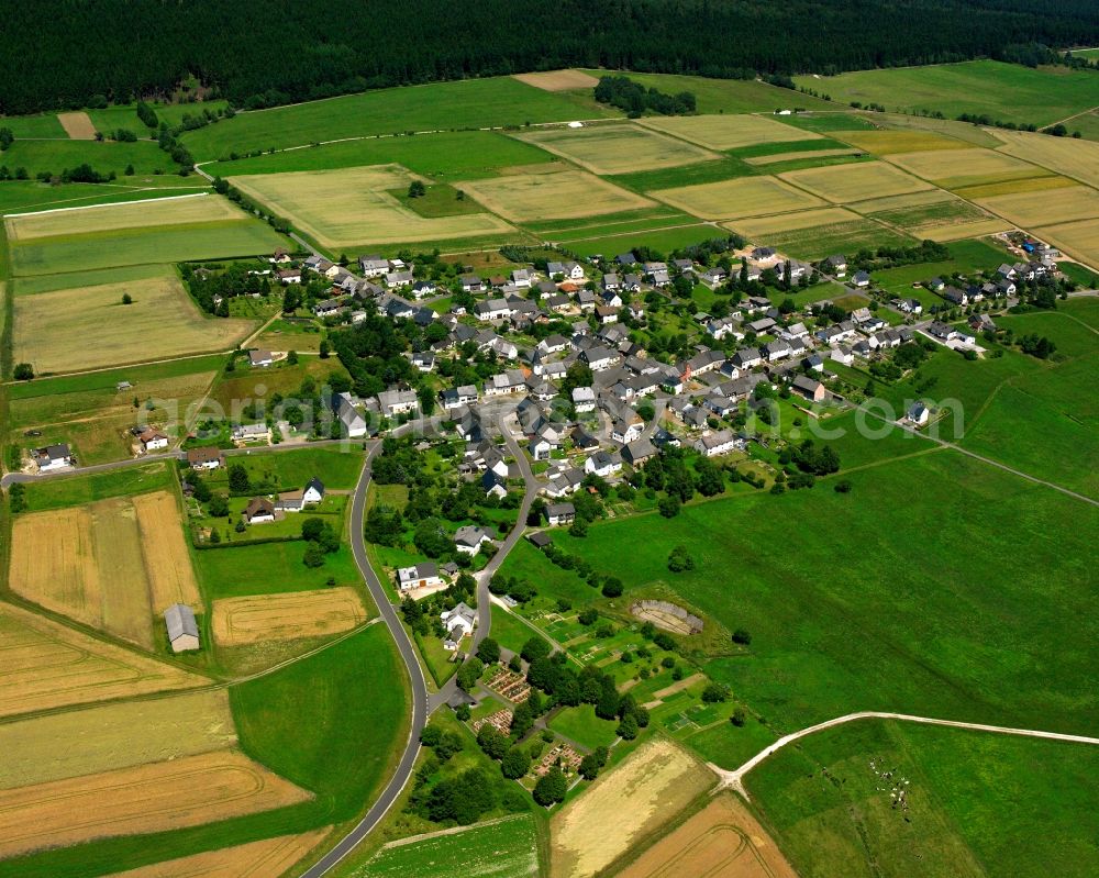 Wirschweiler from above - Agricultural land and field boundaries surround the settlement area of the village in Wirschweiler in the state Rhineland-Palatinate, Germany