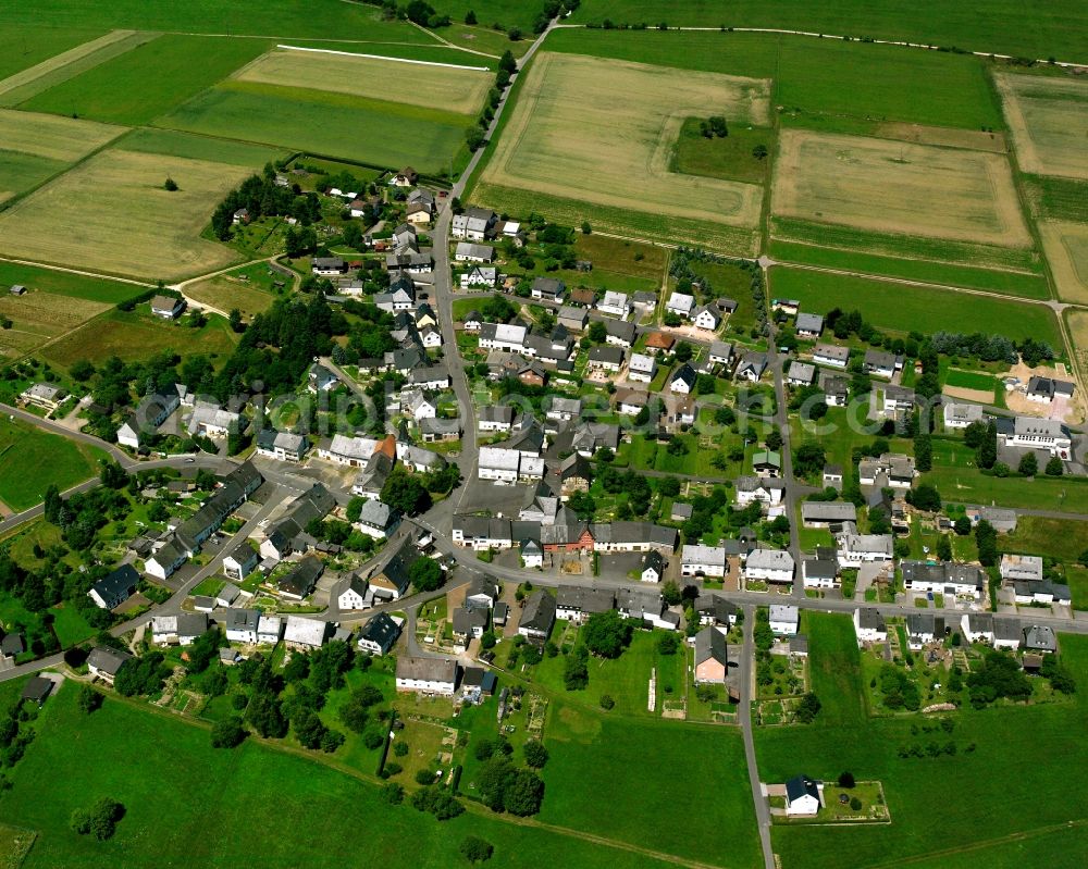 Wirschweiler from the bird's eye view: Agricultural land and field boundaries surround the settlement area of the village in Wirschweiler in the state Rhineland-Palatinate, Germany