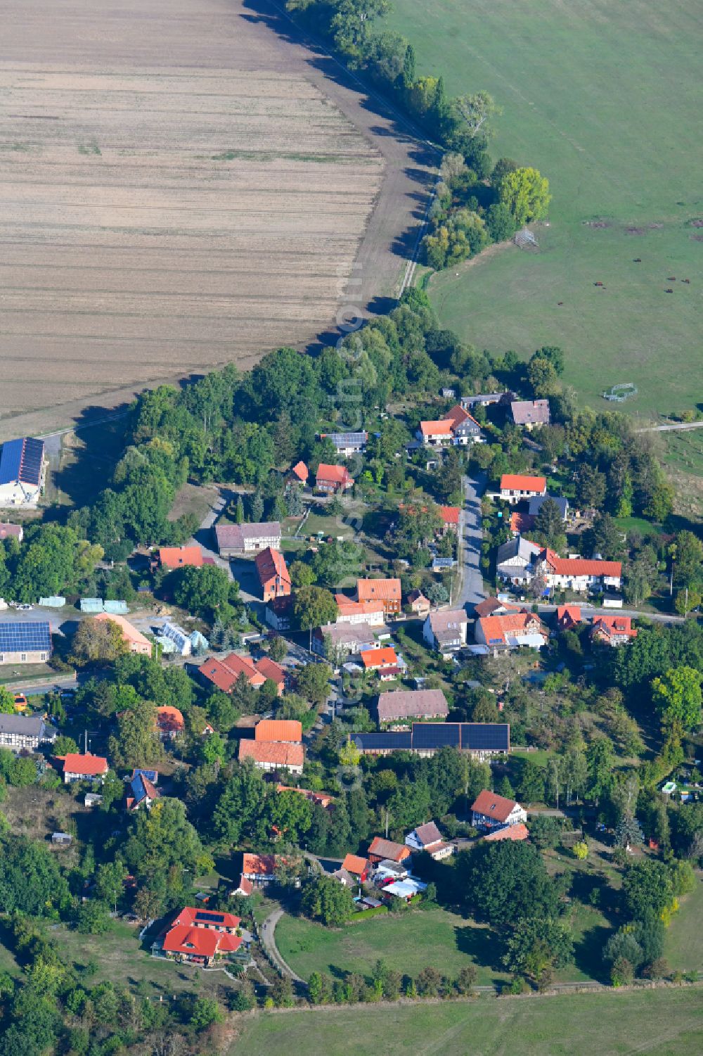 Wülperode from above - Agricultural land and field boundaries surround the settlement area of the village in Wuelperode in the state Saxony-Anhalt, Germany