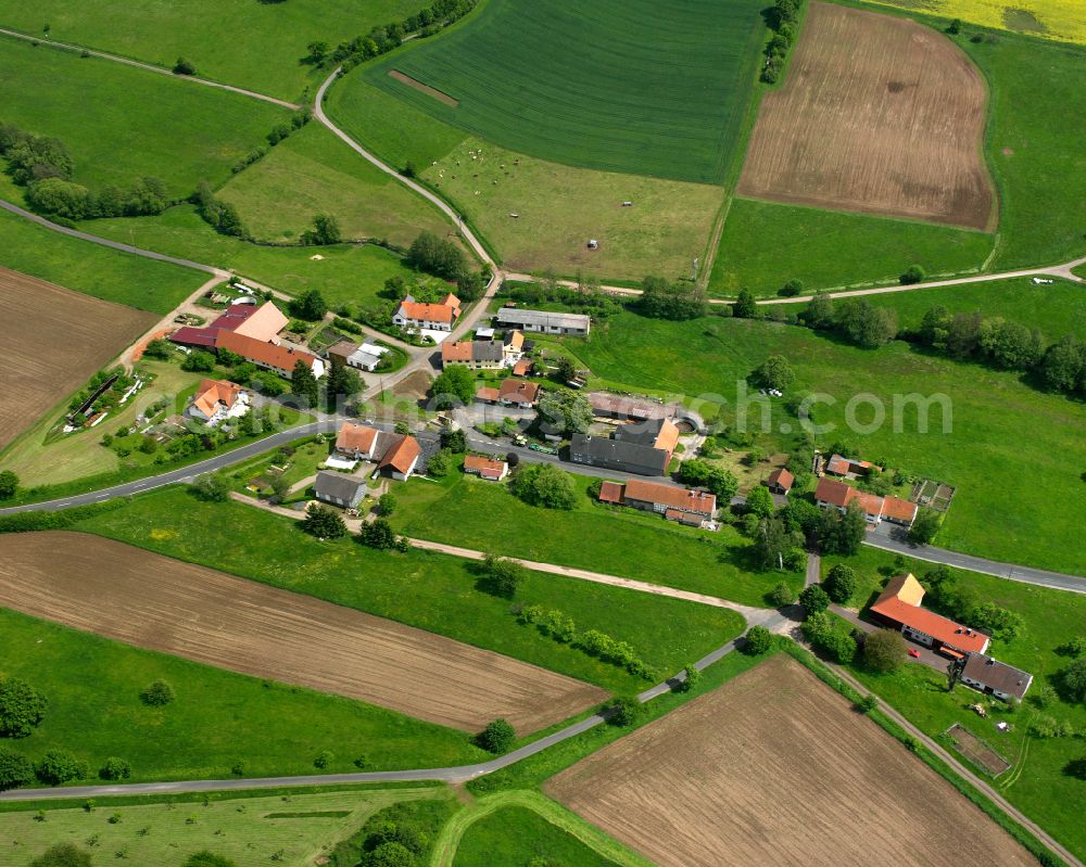 Wünschen-Moos from the bird's eye view: Agricultural land and field boundaries surround the settlement area of the village in Wünschen-Moos in the state Hesse, Germany