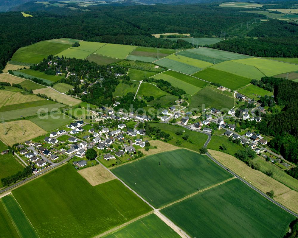 Aerial image Wochenendhausgebiet Erbach - Agricultural land and field boundaries surround the settlement area of the village in Wochenendhausgebiet Erbach in the state Rhineland-Palatinate, Germany