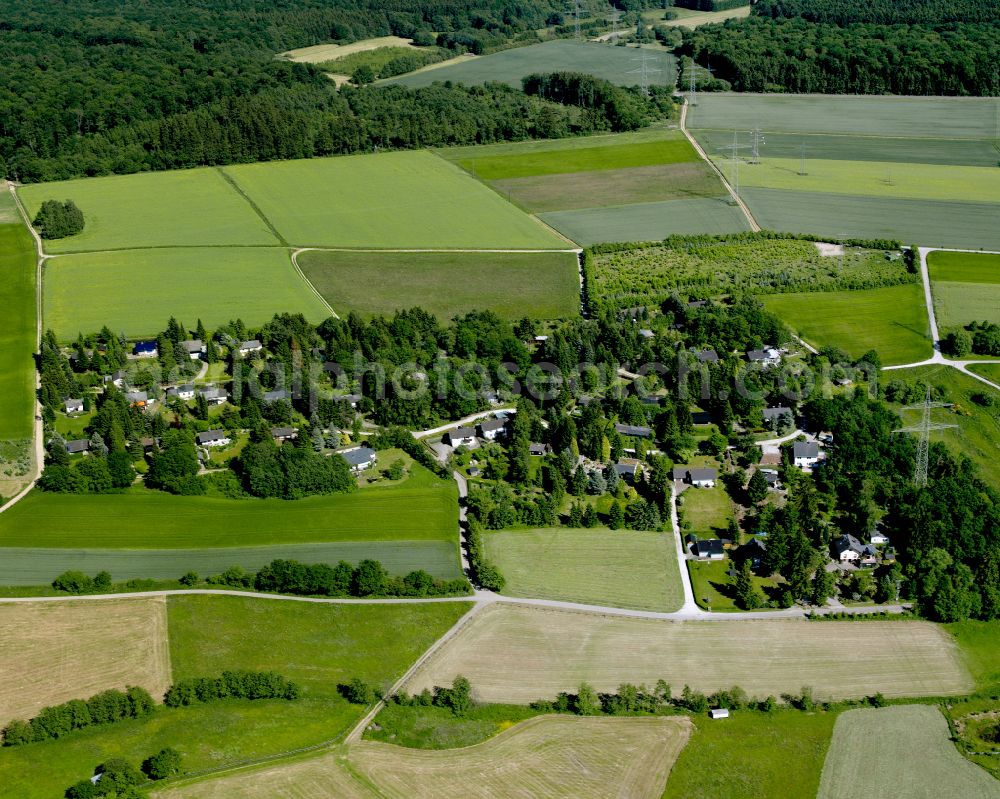 Wochenendhausgebiet Erbach from the bird's eye view: Agricultural land and field boundaries surround the settlement area of the village in Wochenendhausgebiet Erbach in the state Rhineland-Palatinate, Germany