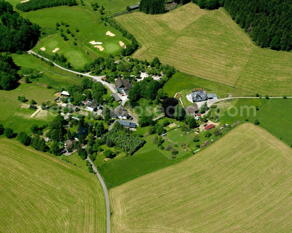 Woeste from the bird's eye view: Agricultural land and field boundaries surround the settlement area of the village in Woeste in the state North Rhine-Westphalia, Germany