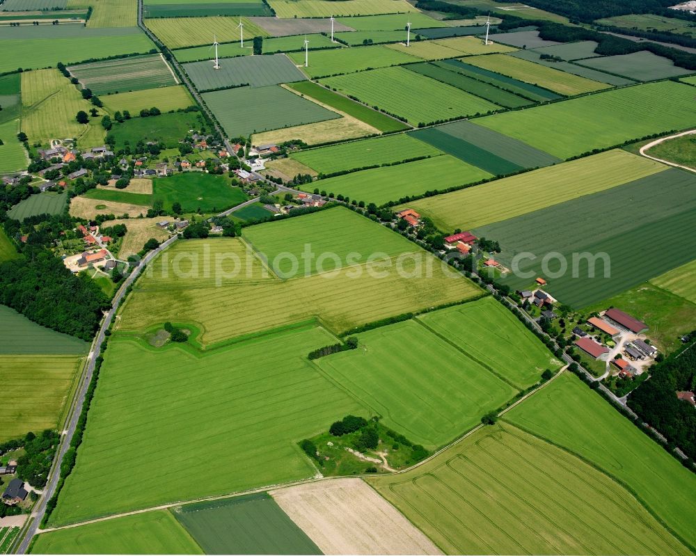 Woltersdorf from the bird's eye view: Agricultural land and field boundaries surround the settlement area of the village in Woltersdorf in the state Schleswig-Holstein, Germany