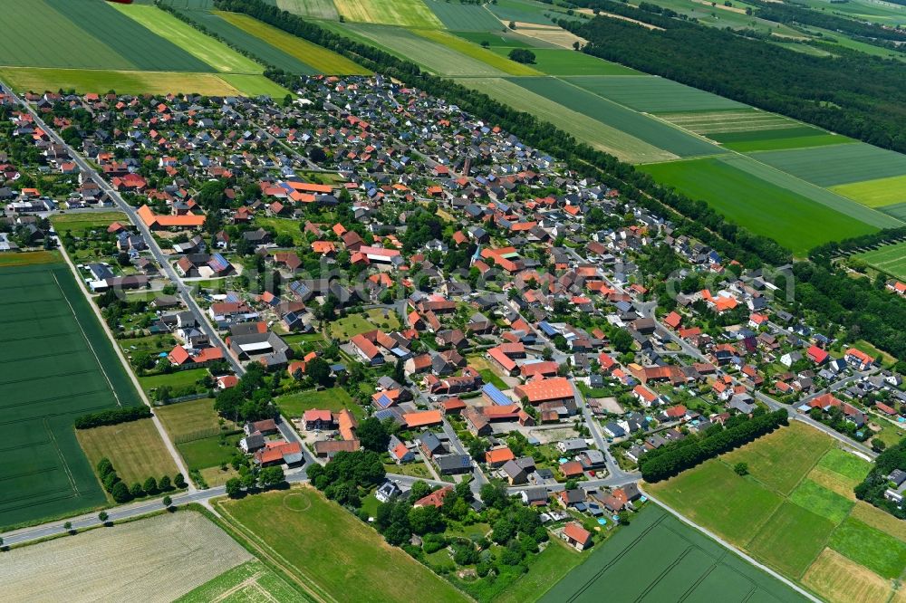 Woltorf from the bird's eye view: Agricultural land and field boundaries surround the settlement area of the village in Woltorf in the state Lower Saxony, Germany