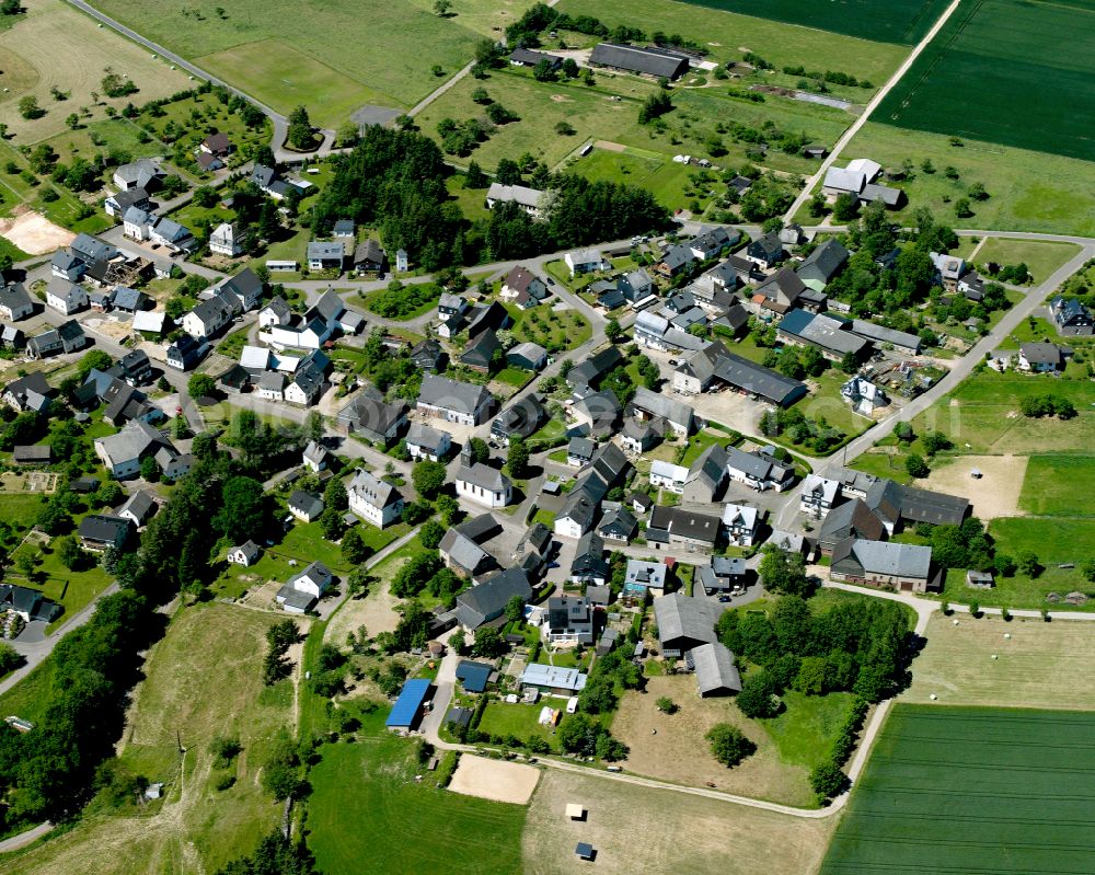 Womrath from above - Agricultural land and field boundaries surround the settlement area of the village in Womrath in the state Rhineland-Palatinate, Germany