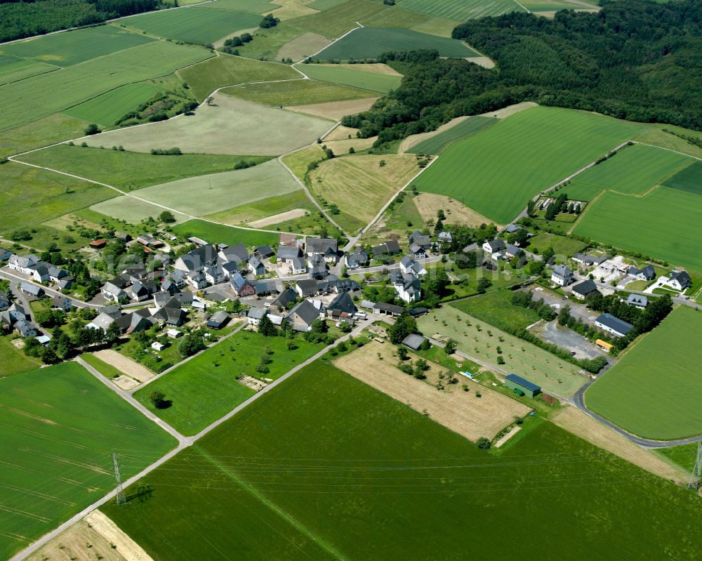 Würrich from the bird's eye view: Agricultural land and field boundaries surround the settlement area of the village in Würrich in the state Rhineland-Palatinate, Germany