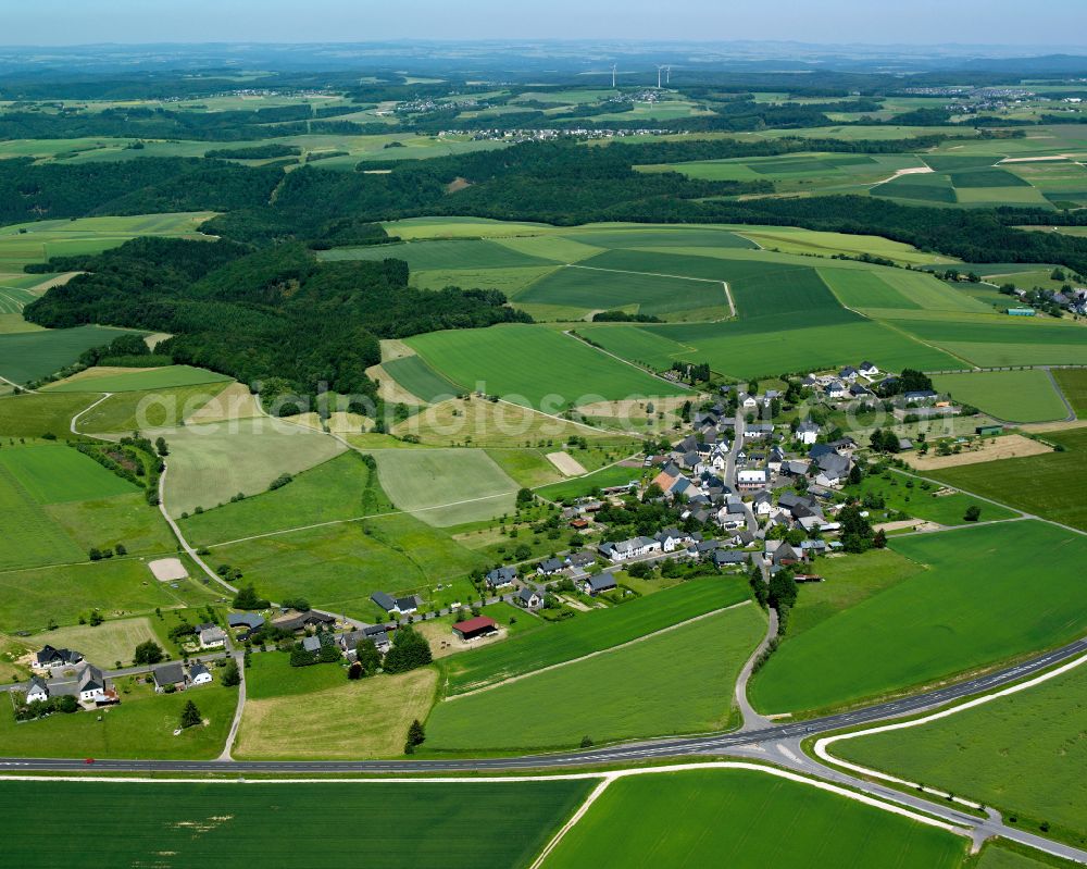 Aerial photograph Würrich - Agricultural land and field boundaries surround the settlement area of the village in Würrich in the state Rhineland-Palatinate, Germany