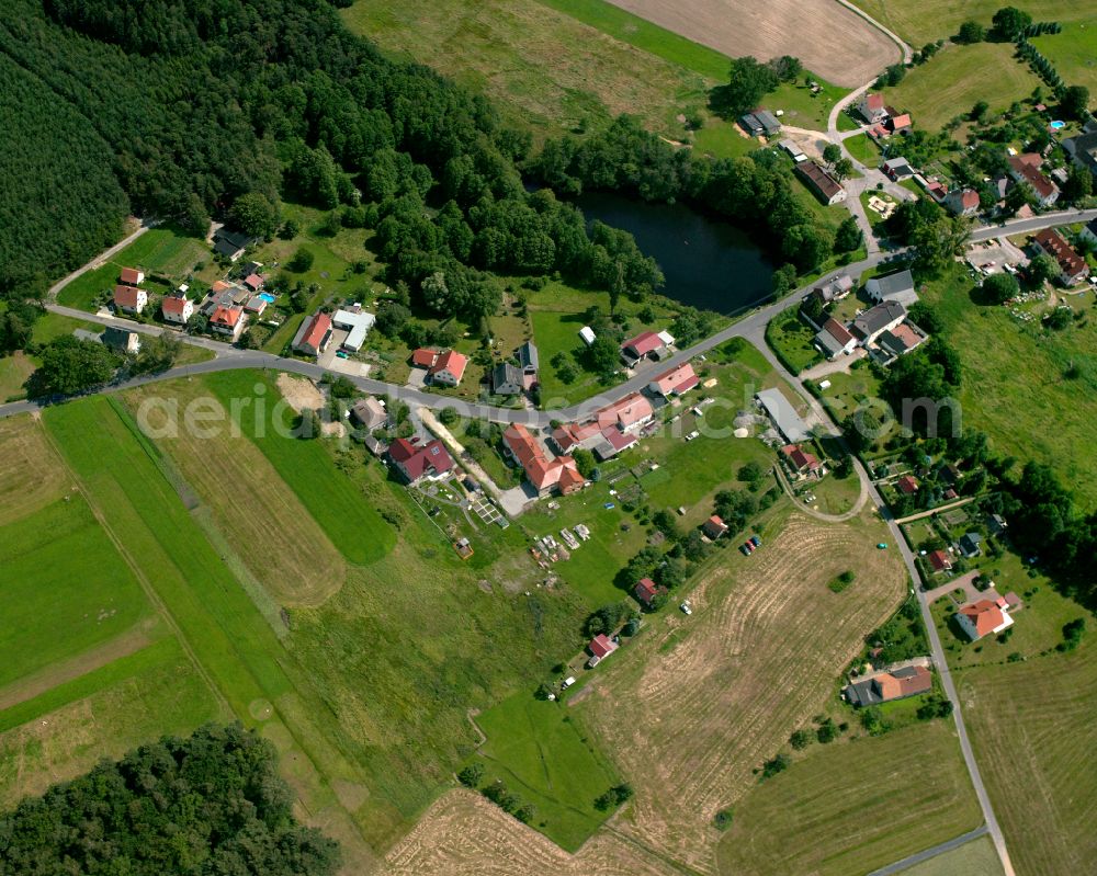 Aerial image Würschnitz - Agricultural land and field boundaries surround the settlement area of the village in Würschnitz in the state Saxony, Germany