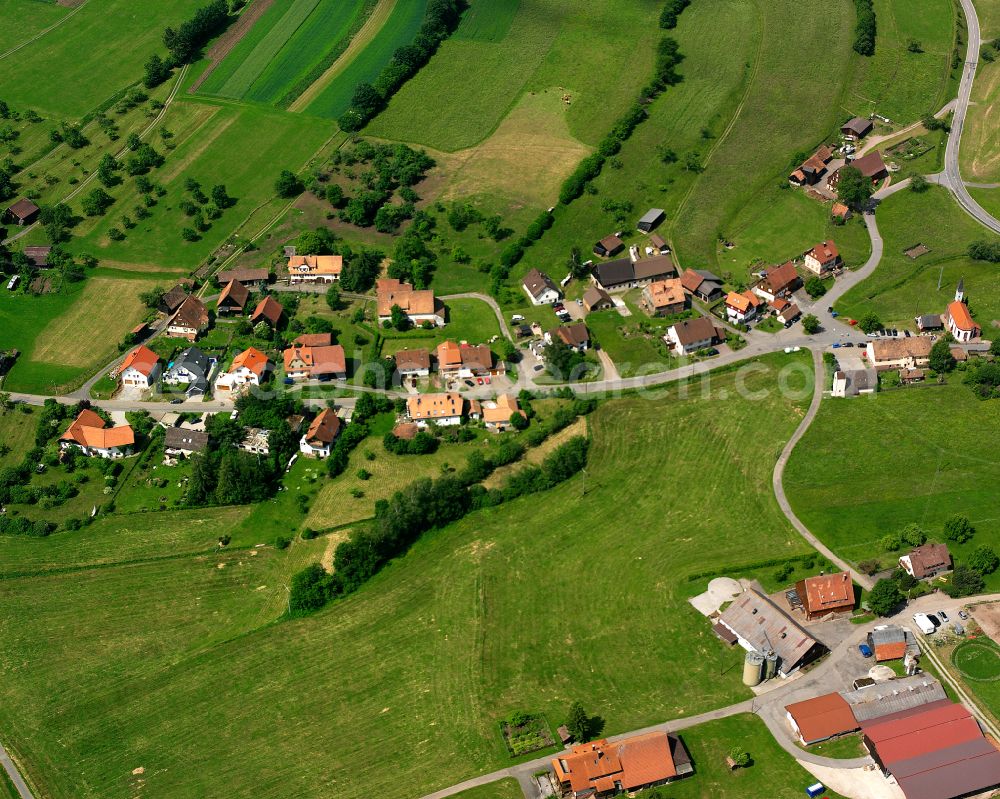 Würzbach from the bird's eye view: Agricultural land and field boundaries surround the settlement area of the village in Würzbach in the state Baden-Wuerttemberg, Germany