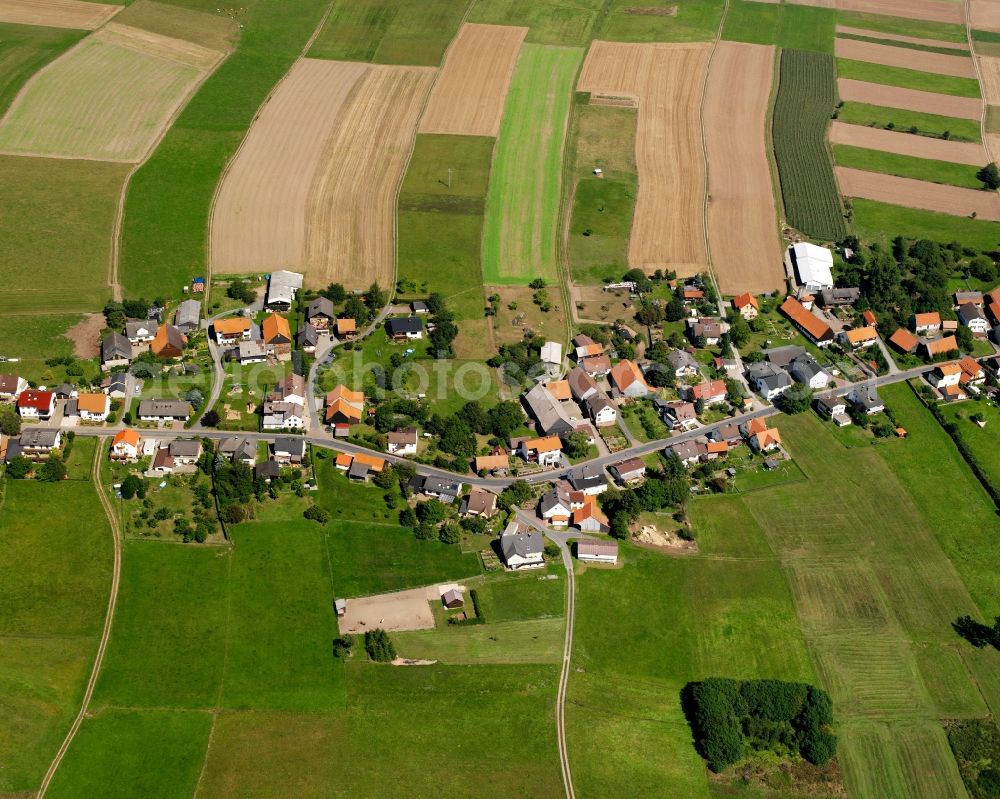 Aerial photograph Würzberg - Agricultural land and field boundaries surround the settlement area of the village in Würzberg in the state Hesse, Germany