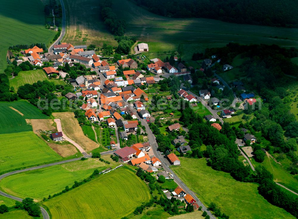 Würzweiler from above - Agricultural land and field boundaries surround the settlement area of the village in Würzweiler in the state Rhineland-Palatinate, Germany