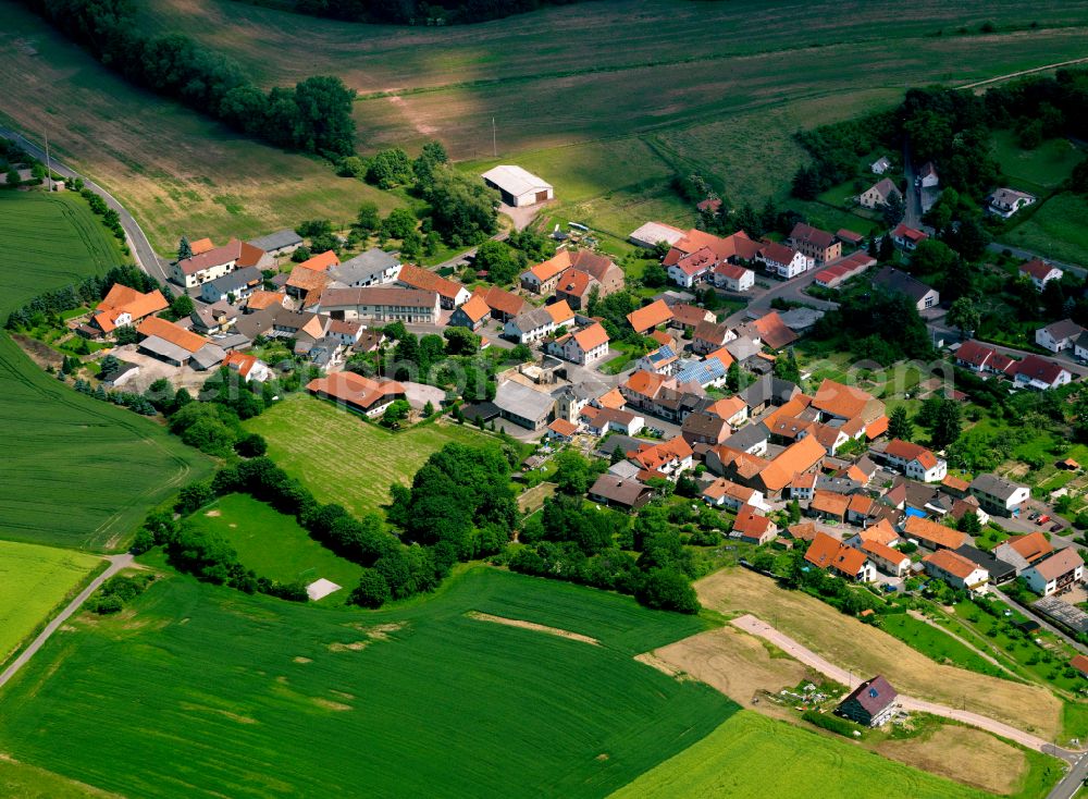 Würzweiler from the bird's eye view: Agricultural land and field boundaries surround the settlement area of the village in Würzweiler in the state Rhineland-Palatinate, Germany