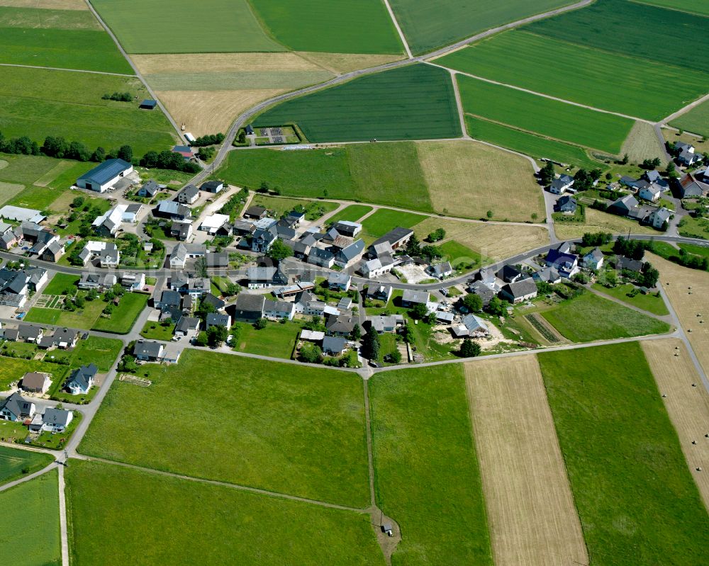 Wüschheim from above - Agricultural land and field boundaries surround the settlement area of the village in Wüschheim in the state Rhineland-Palatinate, Germany