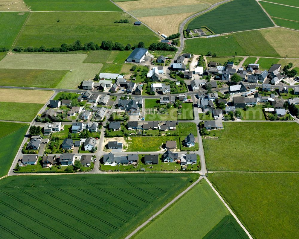 Wüschheim from the bird's eye view: Agricultural land and field boundaries surround the settlement area of the village in Wüschheim in the state Rhineland-Palatinate, Germany