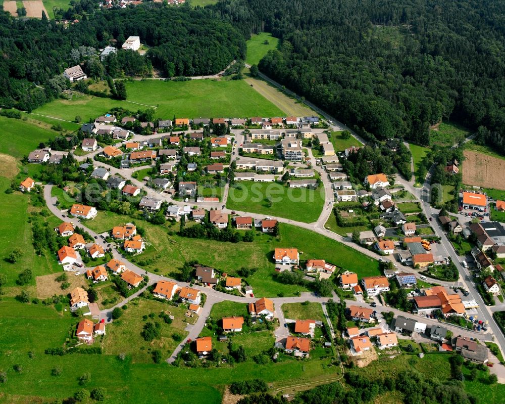 Aerial image Wüstenrot - Agricultural land and field boundaries surround the settlement area of the village in Wüstenrot in the state Baden-Wuerttemberg, Germany