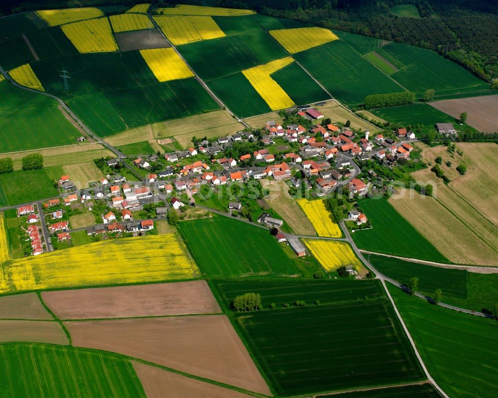 Aerial photograph Wüstfeld - Agricultural land and field boundaries surround the settlement area of the village in Wüstfeld in the state Hesse, Germany