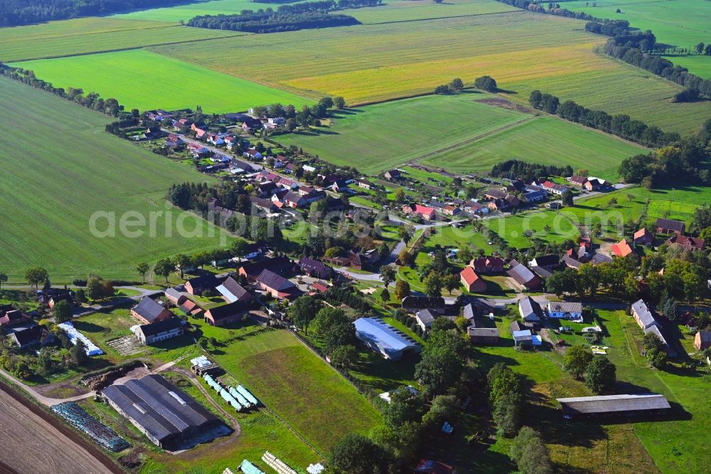 Wulfsahl from above - Agricultural land and field boundaries surround the settlement area of the village in Wulfsahl in the state Mecklenburg - Western Pomerania, Germany